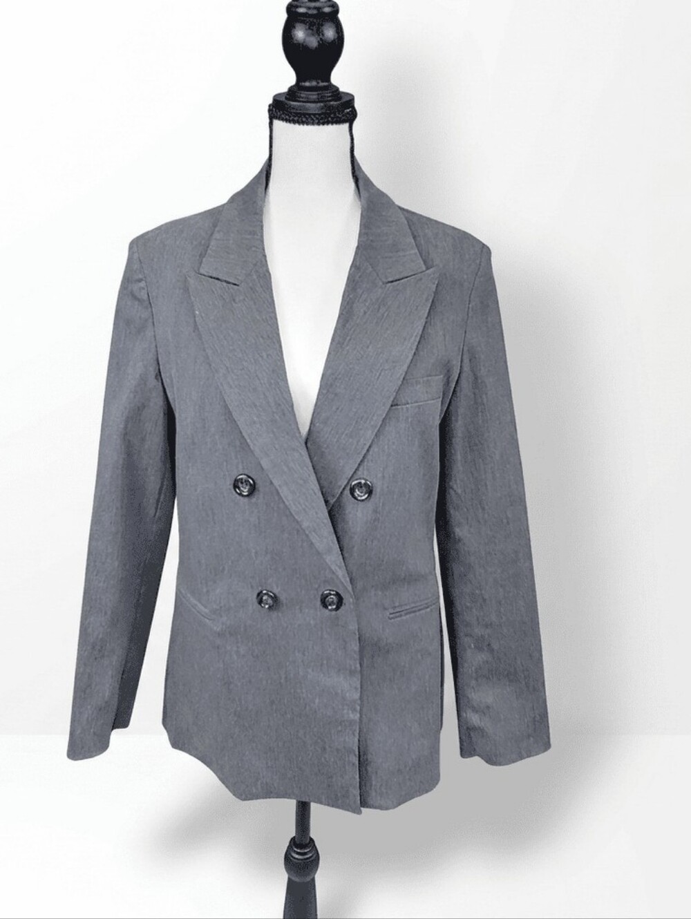 Charcoal Gray Double Breasted Blazer Sz M Notch Lapel Lined Work Office Business
